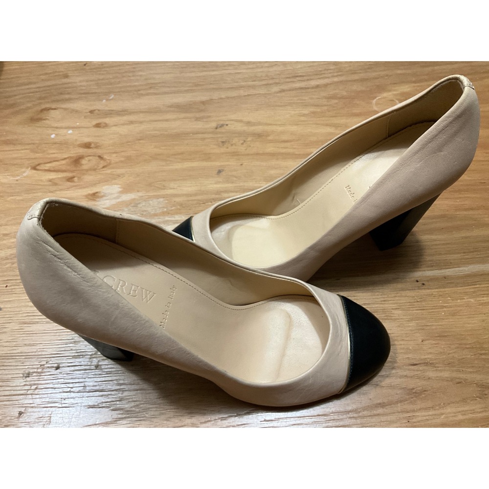 J.Crew Beige Black Cap Toe Block Heel Leather Pumps Made in Italy Size 8